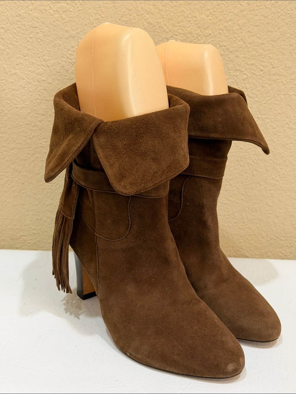 Johnston & Murphy Brown Suede Fringe Mid-Calf Heeled Boots
